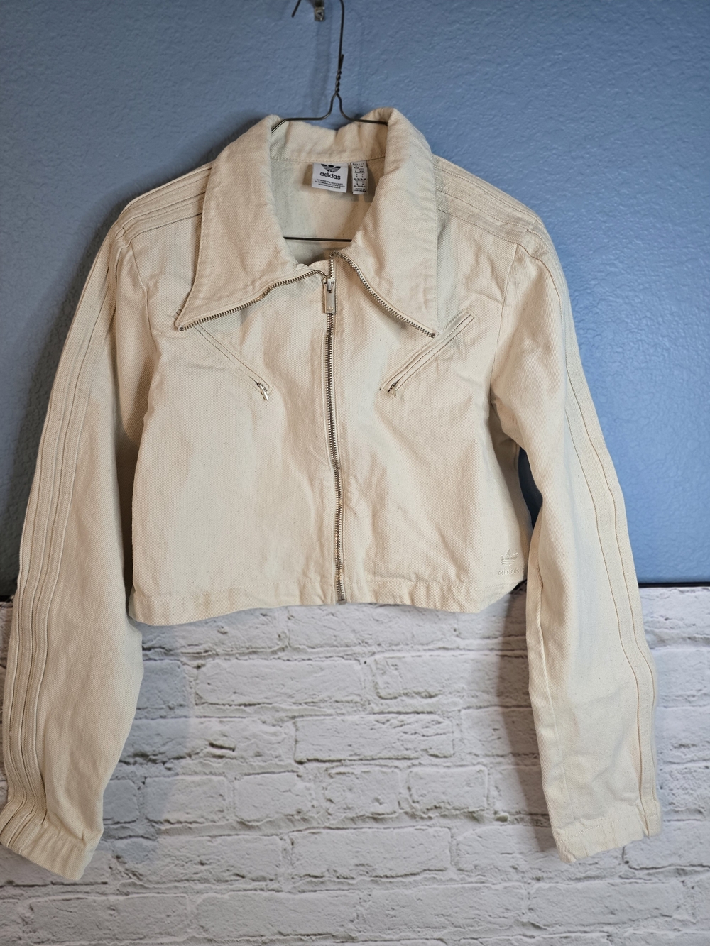 adidas Cream Cropped Zip-Front Denim Jacket Sz S